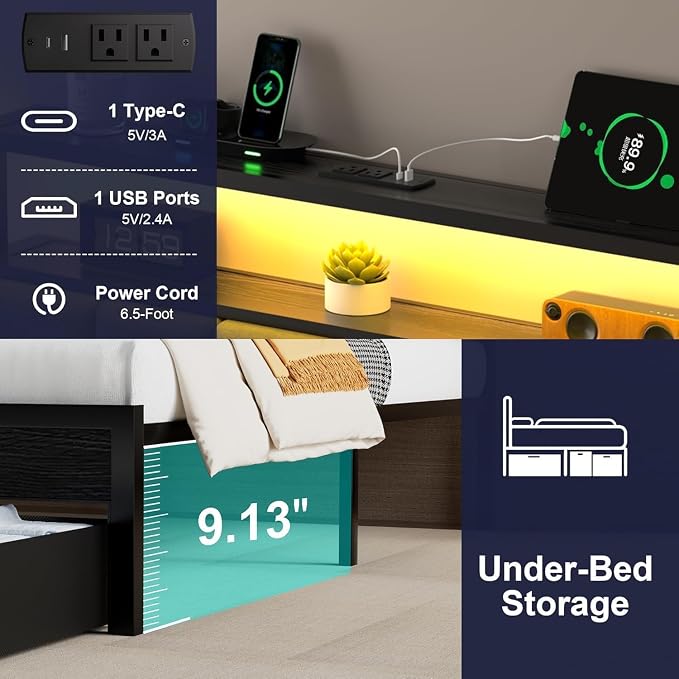 Twin Bed Frames with Storage Drawer, Platform Bed with Charging Station and LED Lights, Upholstered Headboard with 2-Tier Storage Shelves, No Box Spring Needed