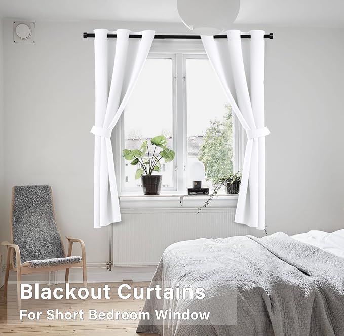 KOUFALL White Short Curtains for Small Bathroom Window,2 Panel Sets Kitchen Cafe Curtains with Grommets Rings 60-70% Blackout,45 Inch Length