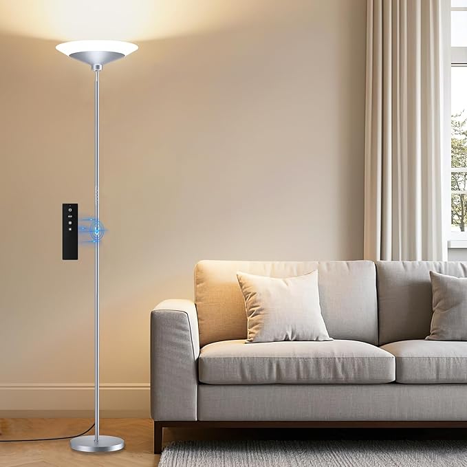 Silver Torchiere Floor Lamp - 30W Dimmable LED Standing Lamp with Remote/Button Control, 1800Lm, 3000-6500K, 72in Bright Standing Pole Light for Living Room Bedroom Office Corner