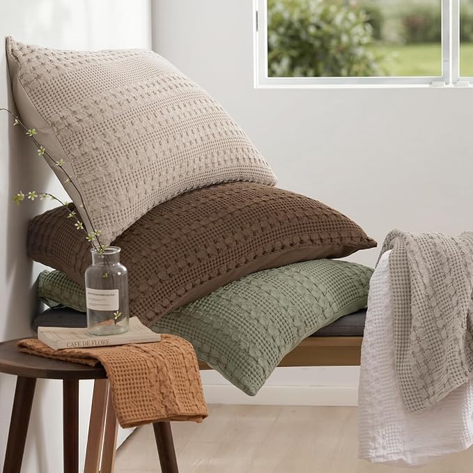 PHF 100% Cotton Waffle Weave Euro Sham Covers, 2 Pack 26" x 26" Bed Pillow Covers for Elegant Home Decor, No Filling, Luxury Aesthetic Soft Euro Pillow Cases for Bed, Dusty Sage