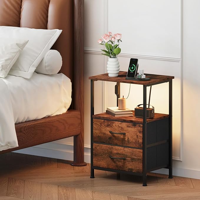 Somdot Nightstands Set of 2 with 2 Drawers, Charging Station & LED Light | Open-Shelf End Tables for Bedside, Dorm, Guest Room, Kids Room, Bedroom, Entryway and Hallway, Brown