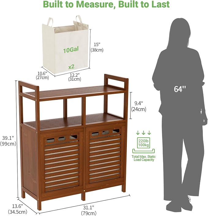 Homykic Tilt Out Laundry Hamper Cabinet, Bamboo Laundry Organizer, Walnut | 20 Gal Laundry Sorter with 2 Removable Liner Bags, Hidden Clothes Hamper with Shelf for Laundry Room, Bathroom, Closet
