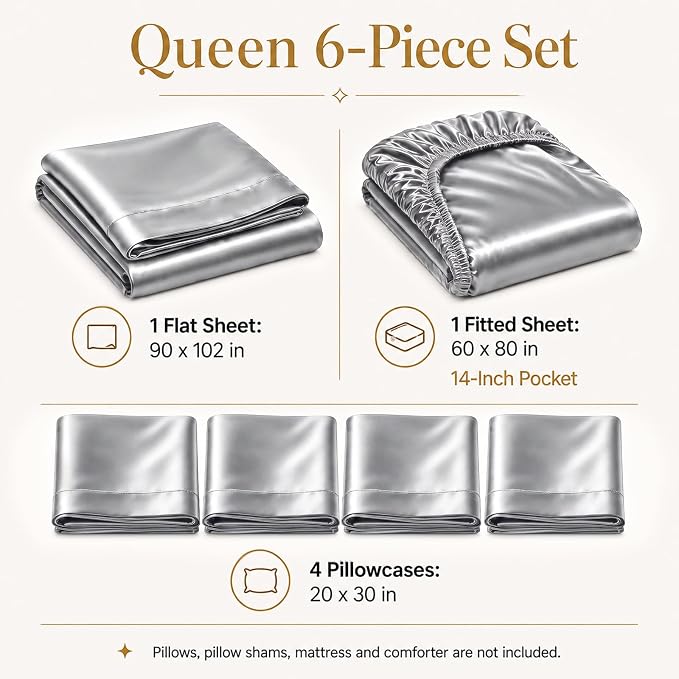 CozyLux Satin Sheets Queen, 6-Piece 14-Inch Deep Pocket Sheet Set | OEKO-TEX Certified Silky Soft Sheet Set for Hair & Skin, Luxurious Silky-Smooth Satin for Elegant Bedroom Decor, Light Grey
