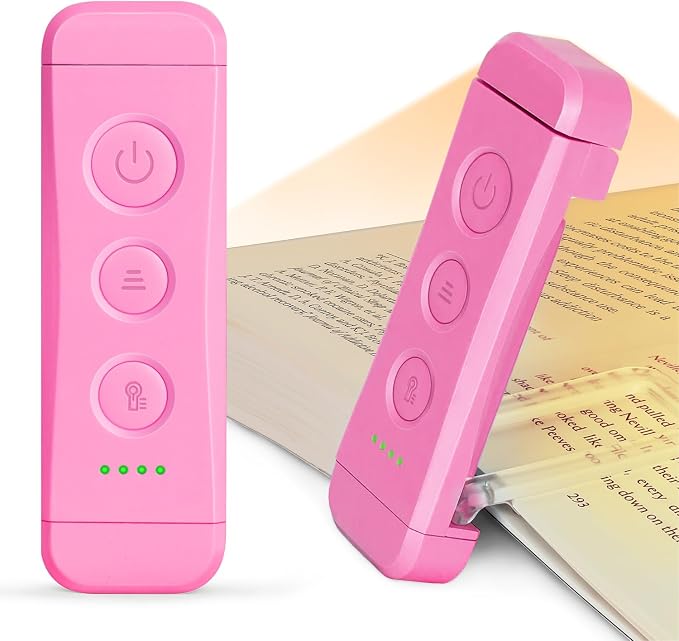 Glocusent USB Rechargeable Book Light, Portable Clip-on LED Reading Light | 3 Amber Colors & 5 Brightness Dimmable, bookmark, Eye-Caring,Compact Gift ,Women Book Lovers,Christmas, Book Accesories,Pink