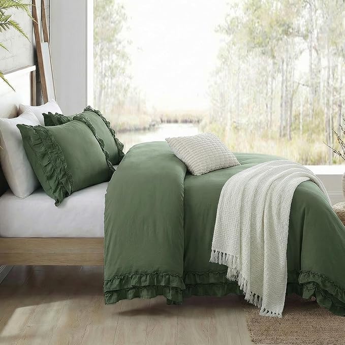 Bedorm Boho King Duvet Cover Olive Green Bedding Set Shabby Chic Lace Fringe Ruffle Bedding Super Soft Warm Farmhouse Comforter Cover 3 Pcs Sets