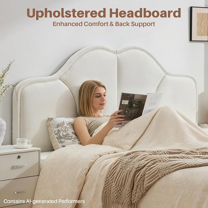 Queen Size Headboard Only Upgraded One-Piece Upholstered Headboard | Adjustable Height&Width, Full Bed Headboards, Modern Curved Velvet Fabric Padded Head Board, White
