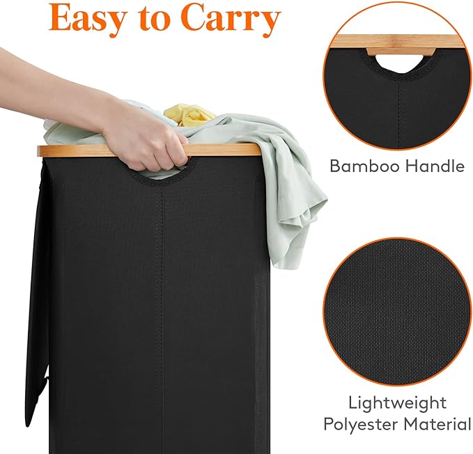 Lifewit 100L Laundry Basket with Lid, Clothes Hampers for Laundry with Bamboo Handles and 1 Removable Bag, Large Foldable Laundry Hamper for Bedroom, Bathroom, Dorm, Laundry Room, Black