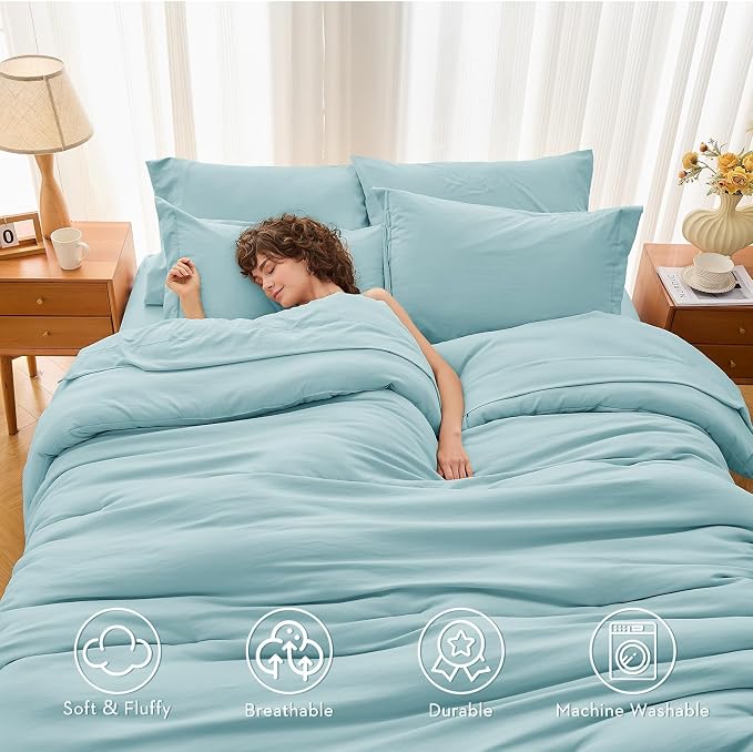 7 Pieces California King Comforter Set, Soft Bed in a Bag Cal King Size, All Season Bedding Set with Comforter, Flat Sheet, Fitted Sheet, Pillowcases & Shams, Lake Blue