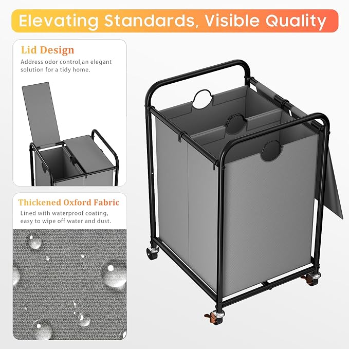 120L Laundry Sorter 2 Section, Rolling Laundry Basket with Wheels ＆ Lid | 31.7 Gal Laundry Hamper, 2 Separated Removable Bags, Lockable Wheels, Dirty Clothes Hamper for Laundry Room, Bedroom, Grey