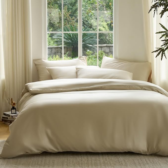 DOZ Duvet Cover Set, 100% Viscose derived from Bamboo, Organically Grown, Buttery Soft, Cooling Duvet Covers, High GSM, 1 Duvet Cover and 2 Pillowcases, 90"x90" (Sand, Full/Queen)