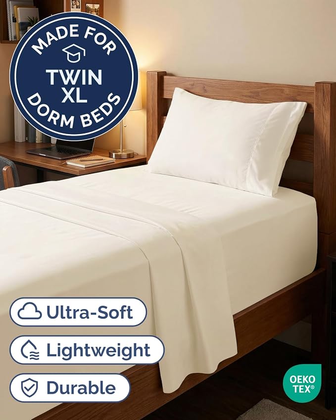 Extra Deep Twin XL Sheet Set - 3 Piece College Dorm Room - Off White | Soft, Breathable & Cooling, Easily Fits 18 to 24 inch Mattress, Wrinkle Free & Fade Resistant with Extra Deep Pockets