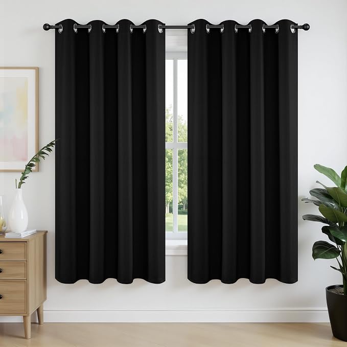 Joydeco Blackout Curtains 54 Inch Length 2 Panels Set, Thermal Insulated Long Curtains& Drapes 2 Burg, Room Darkening Grommet Drapes for Living Room Bedroom Window (W52 x L54 Inch, Black)