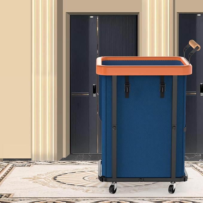 150L Laundry Basket with Wheels, Rolling Basket Hamper with Lid & Handle | Laundry Organizer Storage Cart with Heavy Duty Sturdy Metal Frame for Home, Hotel, Laundry Room - Dark Blue