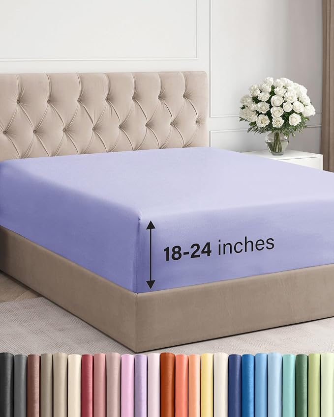 Extra Deep King Fitted Sheet - Single Fitted Sheet Only - Lavender | Easily Fits 18 inch to 24 inch Mattress, Soft, Wrinkle Free, Breathable & Comfy, Extra Deep Pockets Hotel Luxury Fitted Sheet