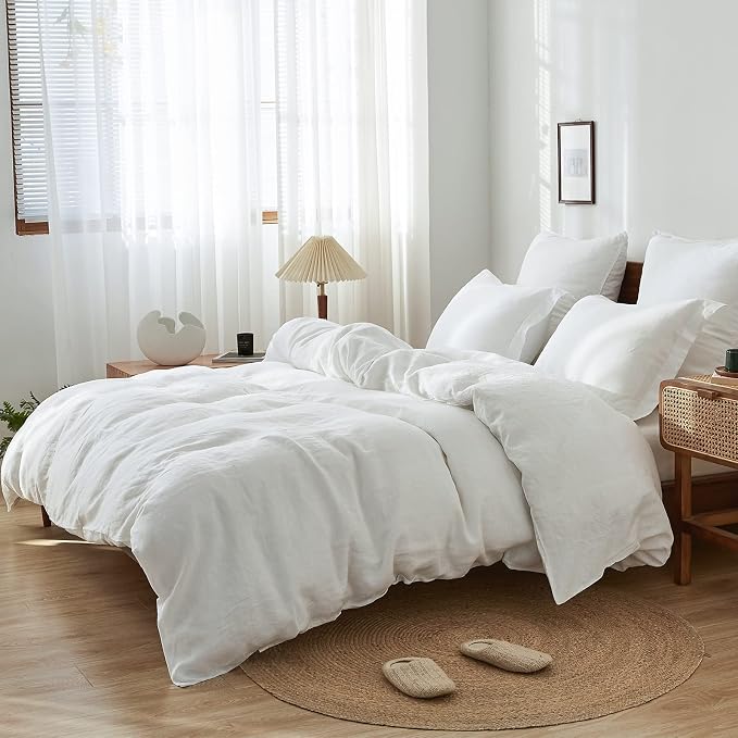 Simple&Opulence 100% Linen Duvet Cover Set 3pcs Basic Style Natural French Washed Flax Solid Color Soft Breathable Farmhouse Bedding with Button Closure - White, Queen