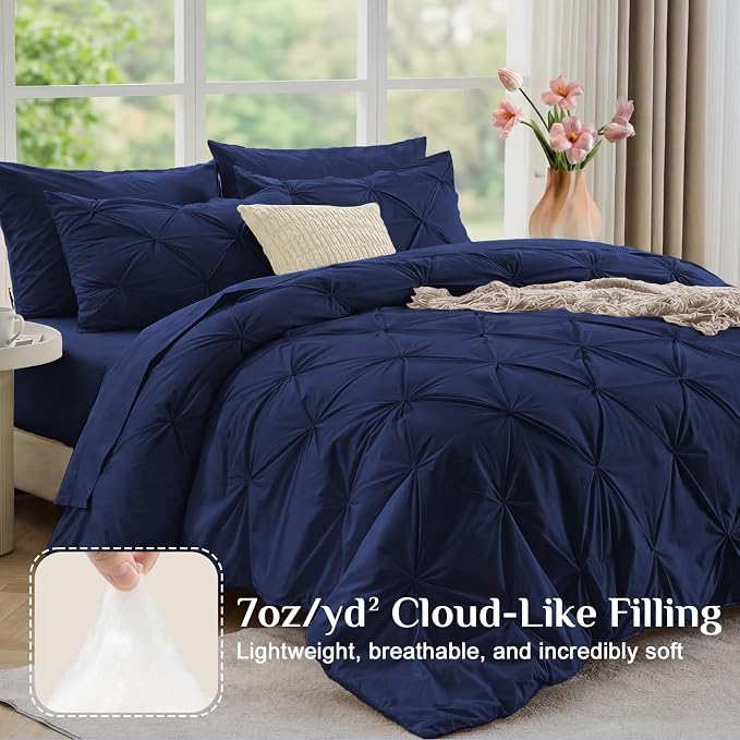 JOLLYVOGUE Full Size Comforter Sets 7 Pieces - Bed in a Bag Full for All Season, Pintuck Bedding Comforter Sets with Comforter, Flat Sheet, Fitted Sheet and Pillowcases & Shams, Navy