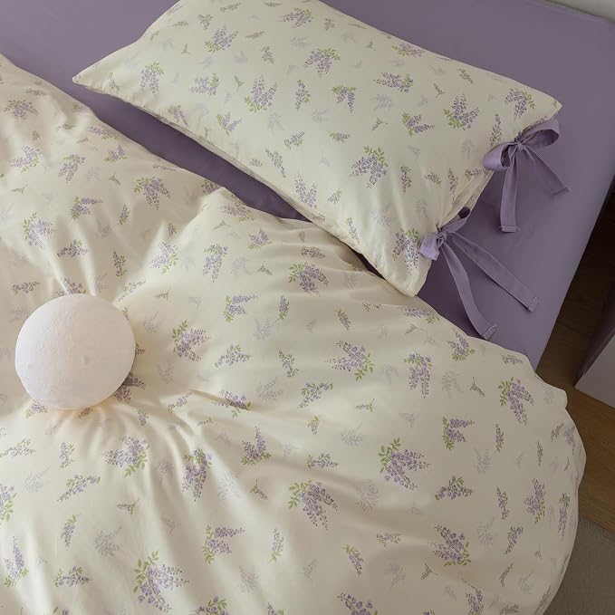 mixinni Cotton Purple Floral Duvet Cover Twin Size Soft Cottage Ribbon Bedding Set Girls Comforter Cover with Zipper 4 Corner Ties for Teenage Girls (1 Duvet Cover + 2 Bowknot Pillowcase)-Twin Size
