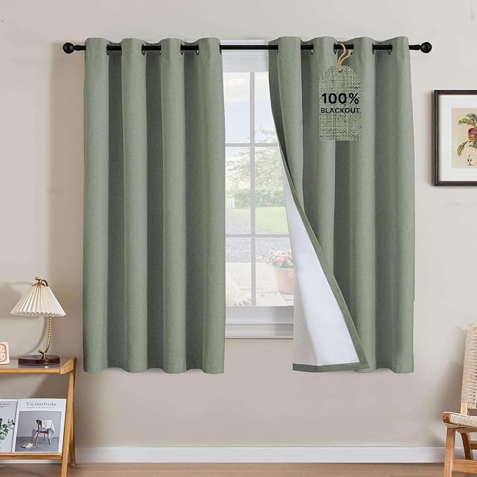 H.VERSAILTEX Linen Curtains 100% Blackout Curtains for Bedroom 96 inch Long Full Light Blocking Nature Linen Blended Window Curtains for Living Room Nickel Grommet (2 Panels, Heathered Dried Sage)