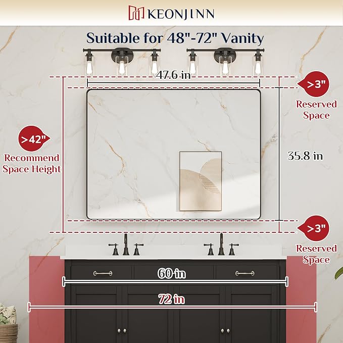 Keonjinn 48 x 36 Inch Brushed Gold Bathroom Vanity Mirror, Tempered Glass | Brass Bathroom Mirrors for over Sink, Anti-Rust Aluminum Frame, Rounded Rectangle, French Cleat Mount, Clear Reflection