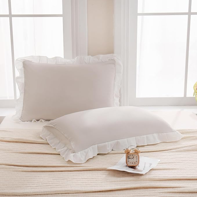 Merryword Beige Pillow Shams Beige and White Reversible King Pillowcases Cute Pillow Cover Set of 2 Soft Shabby Chic Ruffled Pillowcases 2 Pack (King (20''x36''), Beige White)