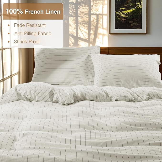 SONORO KATE 100% French Linen Queen Duvet Cover Set,Zipper Closure,3PC | Natural French Flax,Soft Breathable for Hot Sleepers,Moisture Wicking & Durable,4 Corner Ties,White & Dark Grey Stripes