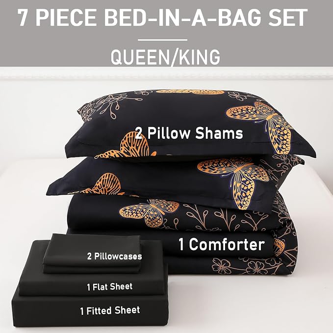 Yogeneg 7 Piece Bed in a Bag Queen Size Comforter Set Black Bedding Set,Gold Butterfly Leaves Printed on Black Reversible Design,Soft Microfiber Comforter with Sheet Set,All Season(Butterfly,Queen)