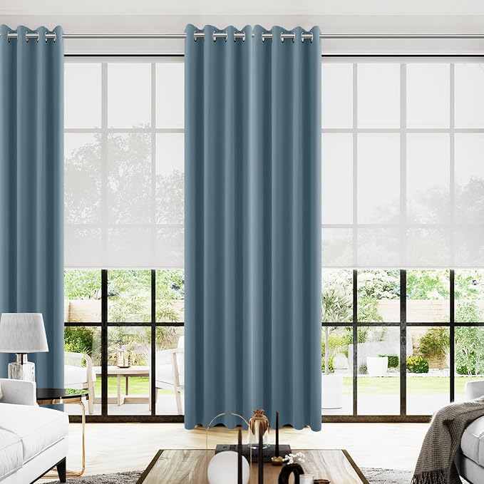 KOUFALL 108 Inch Long Blackout Curtains for Living Room, Grommet Silk Polyester Thermal Drapes 108 Inches Long 2 Panels Set, Dusty Blue