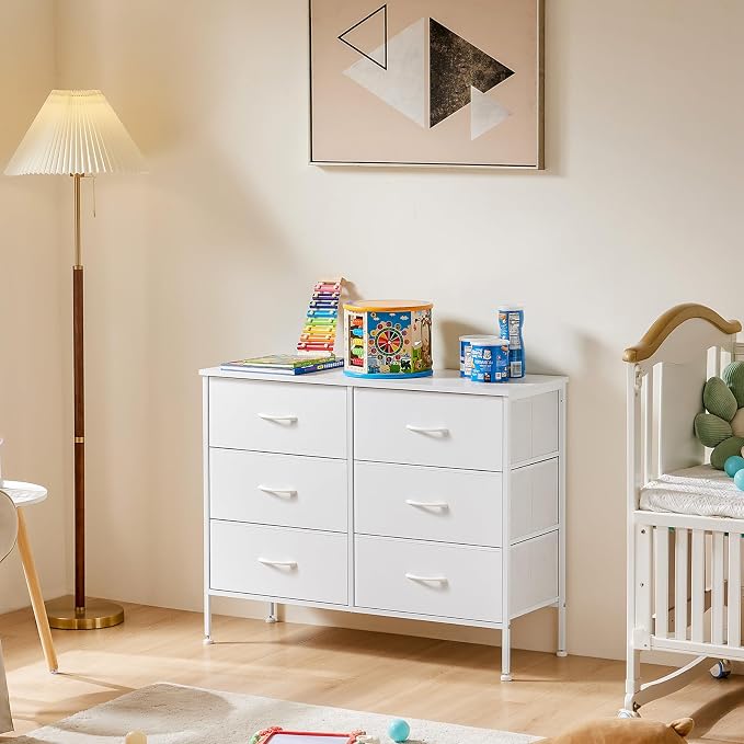 OLIXIS 6 Drawers Storage Organizers Units, Closet Organizers and Storage for Clothes, Fabric Storage Drawer TV Stand for Living Room, Chest of Dresser in 31.5" D x 11.8" W x 31.5" H, White | Anti-Tip Design, Chest of Drawers with Wooden Top & Sturdy Fr...