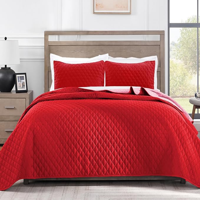 Exclusivo Mezcla Reversible Twin Quilt Bedding Set, Red | Lightweight Bedspreads with 1 Pillow Sham, Soft Microfiber, All Season Bed Coverlets for Dorm Bedroom Guest Room, 68x88 Inch