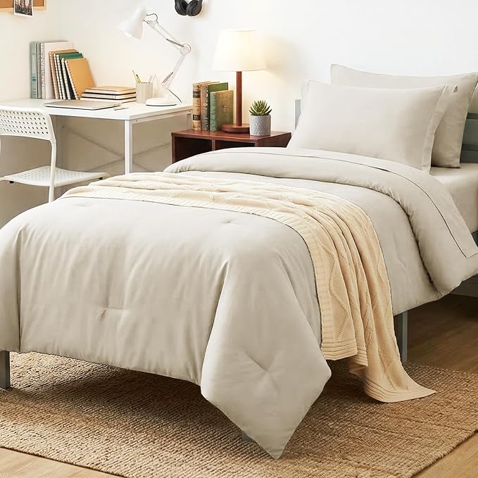 Twin Comforter Set Beige, 5 Pieces Bed in a Bag Twin Comforter Set with Sheets, Soft Bedding Sets with Down Alternative Comforter, Sheets, Pillowcase & Sham, Soft Bed Set for All Seasons