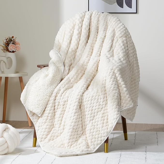 Fleece Weighted Blanket for Adults 80" x 87" 15lbs Fuzzy Blankets White | Dual Sided Soft Sherpa Weighted Blankets, 3D Imitation Turtle Shell Warm Jacquard Flannel Heavy Blanket for Couch and Bed