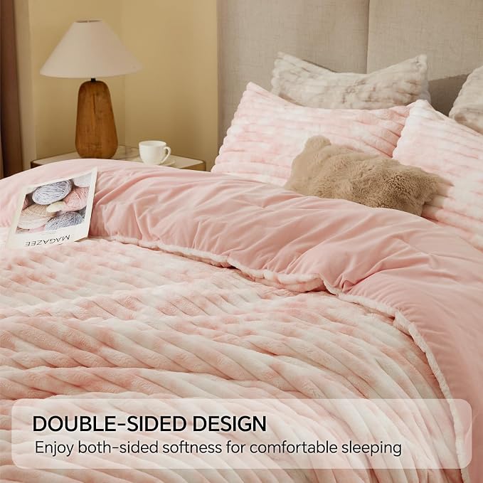 BEDELITE Fleece King Comforter Set, Fluffy Bed Set, Pink&White | Super Soft & Warm Bedding, Luxury Fuzzy Faux Fur Comforter for Winter, Heavy Plush Bedding, with 2 Pillowcases