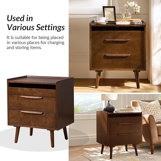 HULALA HOME 2-Drawer End Table with Charge Station, Walnut | Mid-Century Modern Style, Pull-Out Shelf, Wood Legs, Cable Management