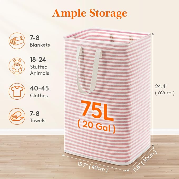 Lifewit 75L Large Collapsible Laundry Basket with Extended Handles, Pink | Foldable Laundry Hamper, Tall Dirty Clothes Basket, Waterproof, Freestanding Design for Bedroom, Bathroom, College Dorm