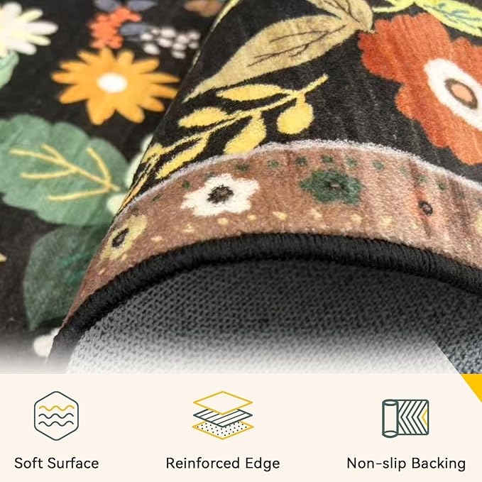 RELEANY Floral Washable 8x10 Area Rugs Black/Yellow | Flower Carpet, Print, Boho, Non-Slip, Easy to Clean, Soft, Low Pile for Living Room Bedroom Kitchen Office Entryway Hallway