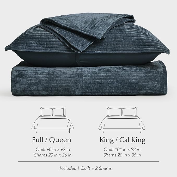 EverGrace Striped Channel Velvet Quilt Set, King Size, Midnight Blue | Luxurious Soft Lightweight Velvet Comforter, Oversized Bedspread Coverlet, Quilted Bedding Set for All Season, with 2 Shams