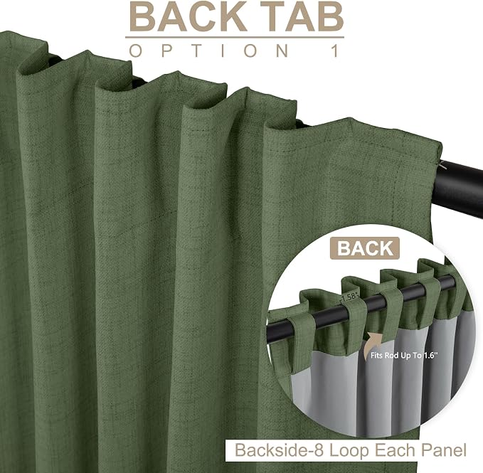 Faux Linen Total Blackout Curtains for Bedroom 102 Inches Long, Olive Green | 100% Blackout Shield, Back Tab/Rod Pocket Living Room Drapes, Thermal Insulated Blackout Curtains 2 Panels Set, 50"W x 102"L