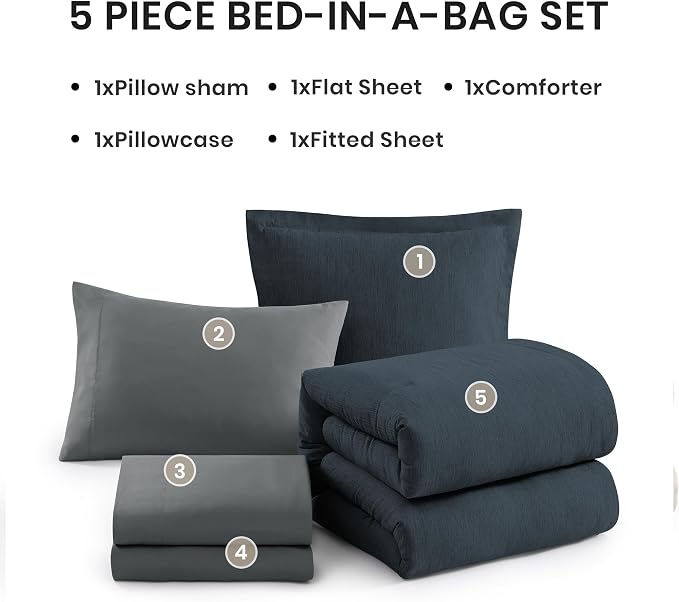 Monbix Twin XL Comforter Set 5 Pieces Navy Blue Bed in a Bag for Dorm | Cationic Dyeing Reversible All Season Bedding Sets with Comforter, Sheets, Pillowcase & Sham