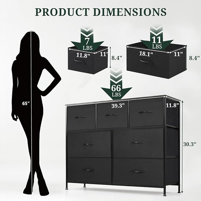 7-Drawer Dresser for Bedroom, Anti-Tip Wide Storage Organizer Fabric | Chest of Drawers TV Stand for 45" TV with Wooden Top and Metal Frame for Closet, Living Room, Hallway, Entryway, Black