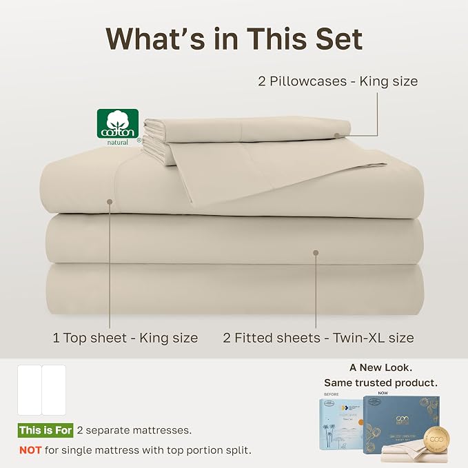 California Design Den 100% Cotton Sateen Split King Sheet Set, 5 Pcs, Beige | 500 Thread Count with Good Housekeeping Seal, Split King Sheets Sets for Adjustable Bed with 2 Separate Twin-XL Mattresses