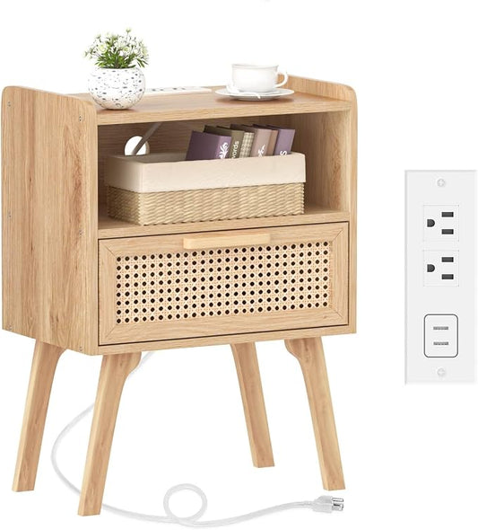 Lerliuo Rattan Nightstand with Charging Station, Boho Night Stand | Handmade Natural Rattan Drawer, Cane Accent Side End Tables with Solid Wood Legs for Bedroom, Dorm, Small Spaces