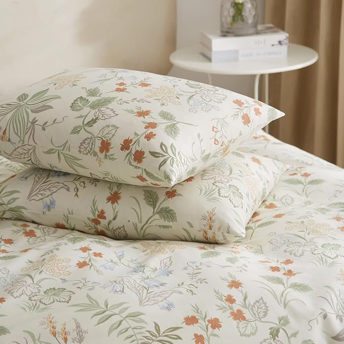 mixinni Floral Duvet Covers King Size Botanical Flower Leaf Printed on White Bedding Duvet Cover Set with Zipper Closure Ties for Him and Her 1 Duvet Cover with 2 Pillowcases-(3pcs, King Size)