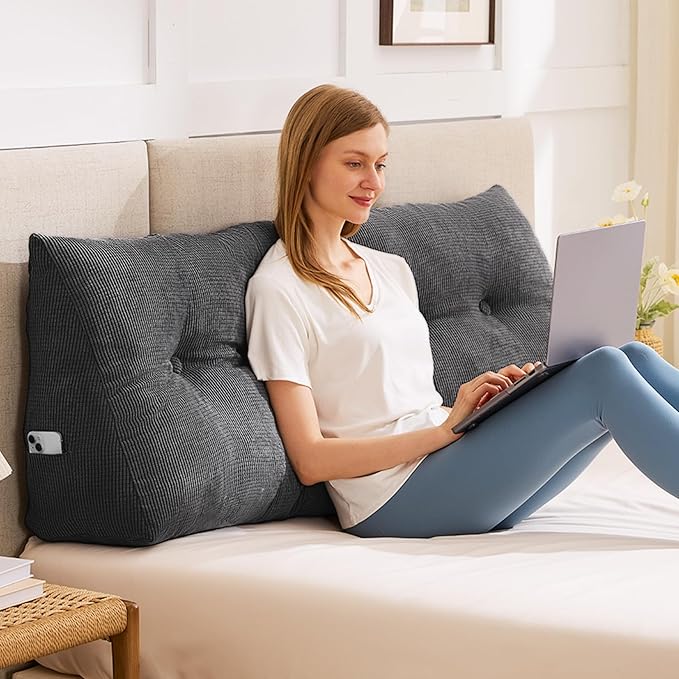Headboard Pillow Queen, Wedge Pillow Headboard, Black | Triangle Backrest for Headboard, Bed Pillow for Sitting Up Reading Working, Removable Cover, Side Pockets, for Bed Dorm Sofa
