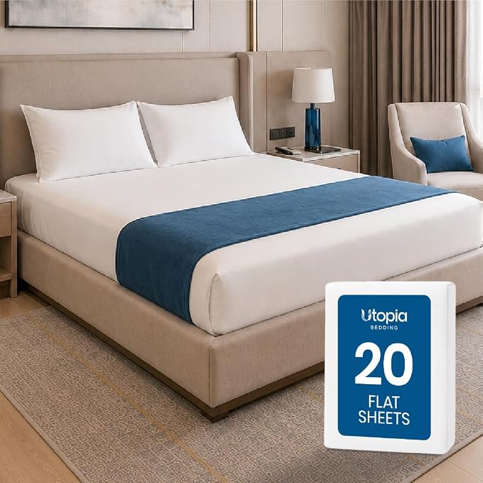 Bulk 20-Pack Queen Flat Sheet Only, Hotel Top Sheet for Resort, White | Commercial Grade Sheet, Ultra Soft Microfiber, Breathable Fabric, Wrinkle And Fade Resistant, Easy Care