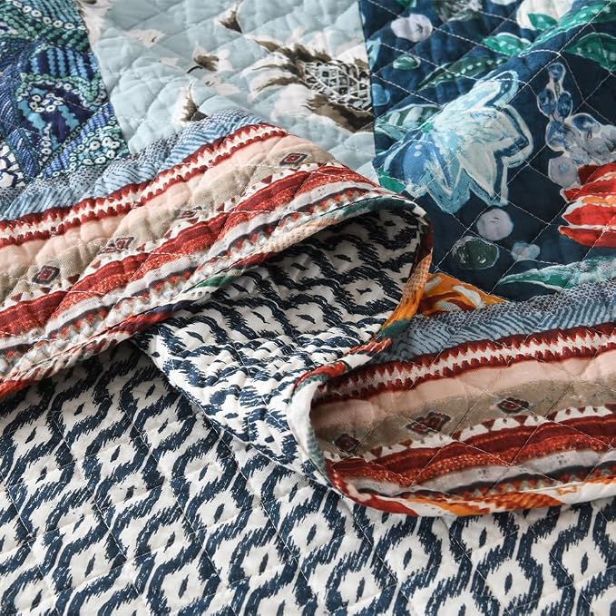VISIMISI Cotton Bedspread Quilt Bedding Sets Reversible Coverlet Sets 3 Pieces Vintage Floral Blue Teal Patchwork Bedspread, King Size