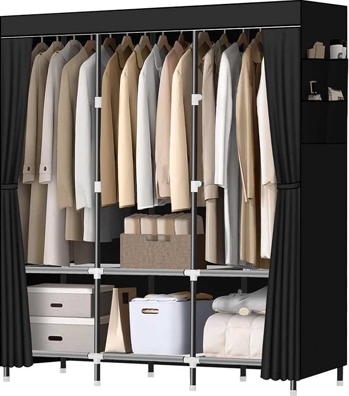 LOKEME Wardrobe Closet,Steel Pipe Diameter 19mm,Portable Closet for Bedroom | Strong and Sturdy Portable Closets for Hanging Clothes with 3 Hanging rods, 6 Storage Shelves and Side Pockets