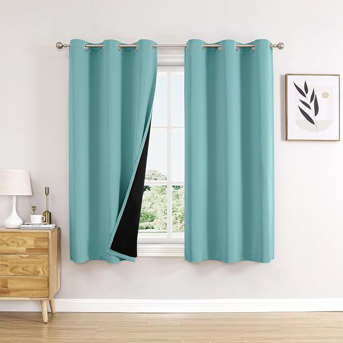 ChrisDowa 100% Blackout Curtains for Bedroom 54 Inches Long 2 Panels Set | 2 Thick Layers, Thermal Insulated, Light Blocking, Grommet, Window Treatment, Living Room Drapes, Aqua, 42 x 54 Inch