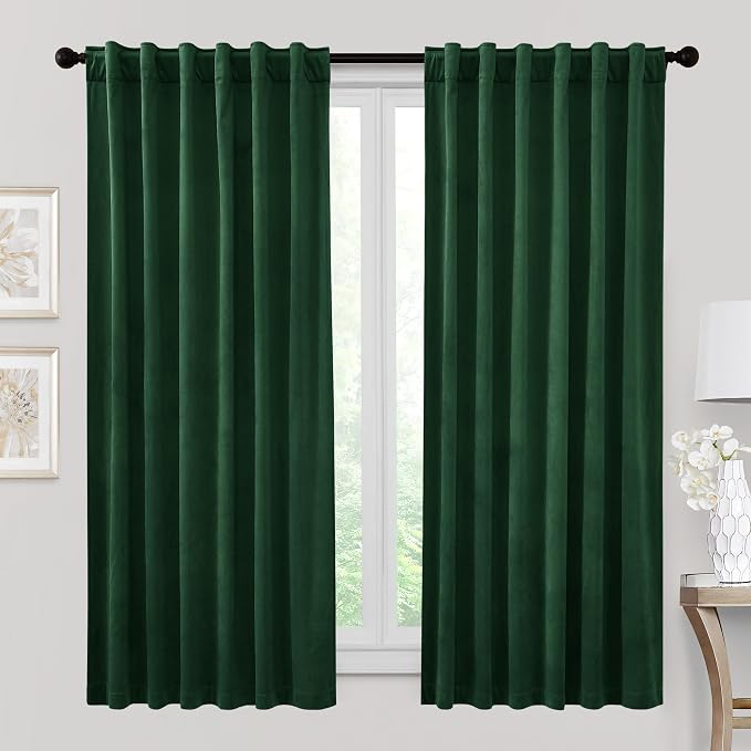RYB HOME Velvet Room Darkening Curtains for Living Room 72 inches Long | Thermal Insulated, Privacy UV Heat Blocking, Noise Reducing, Drapes for Kids Room Sunroom, Hunter Green, W52 x L72, 2 Panels