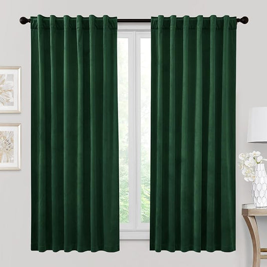 RYB HOME Velvet Room Darkening Curtains for Living Room 72 inches Long | Thermal Insulated, Privacy UV Heat Blocking, Noise Reducing, Drapes for Kids Room Sunroom, Hunter Green, W52 x L72, 2 Panels