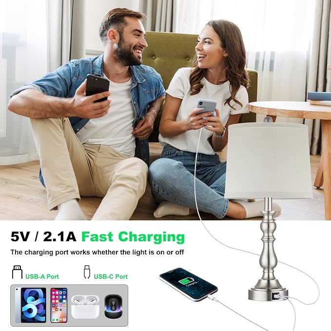 23'' Table Lamps Set of 2, Lamps for Bedroom, USB C+A Ports, Silver | Bedside Lamps with 3 Color Temperatures, Knob Switch, Lamps for Living Room, Office, Night Stands, End Table, Bulbs Included
